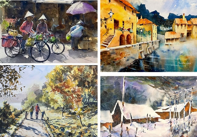Tutors’ paintings from previous online sessions. Left: Mike’s Italian village and autumnal walk; right: Randy’s Italian spa and snowy cottages.